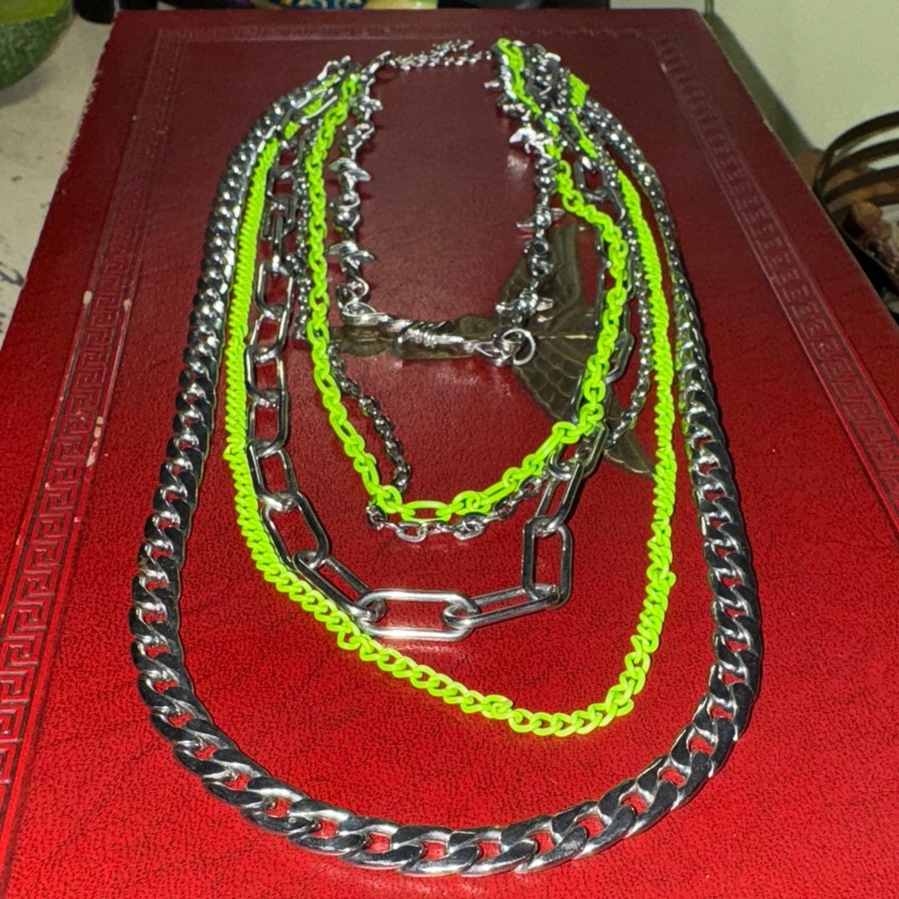 Silver and Neon Green 6 Chain Necklace